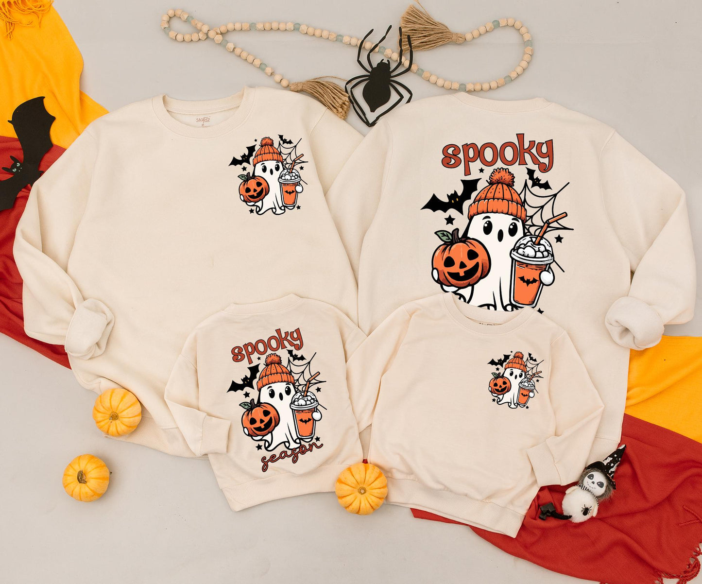 Matching Family Halloween Sweatshirt & Romper Cute Spooky Ghost Design Vintage Cartoon Style Orange Black White Fall Celebration Gift