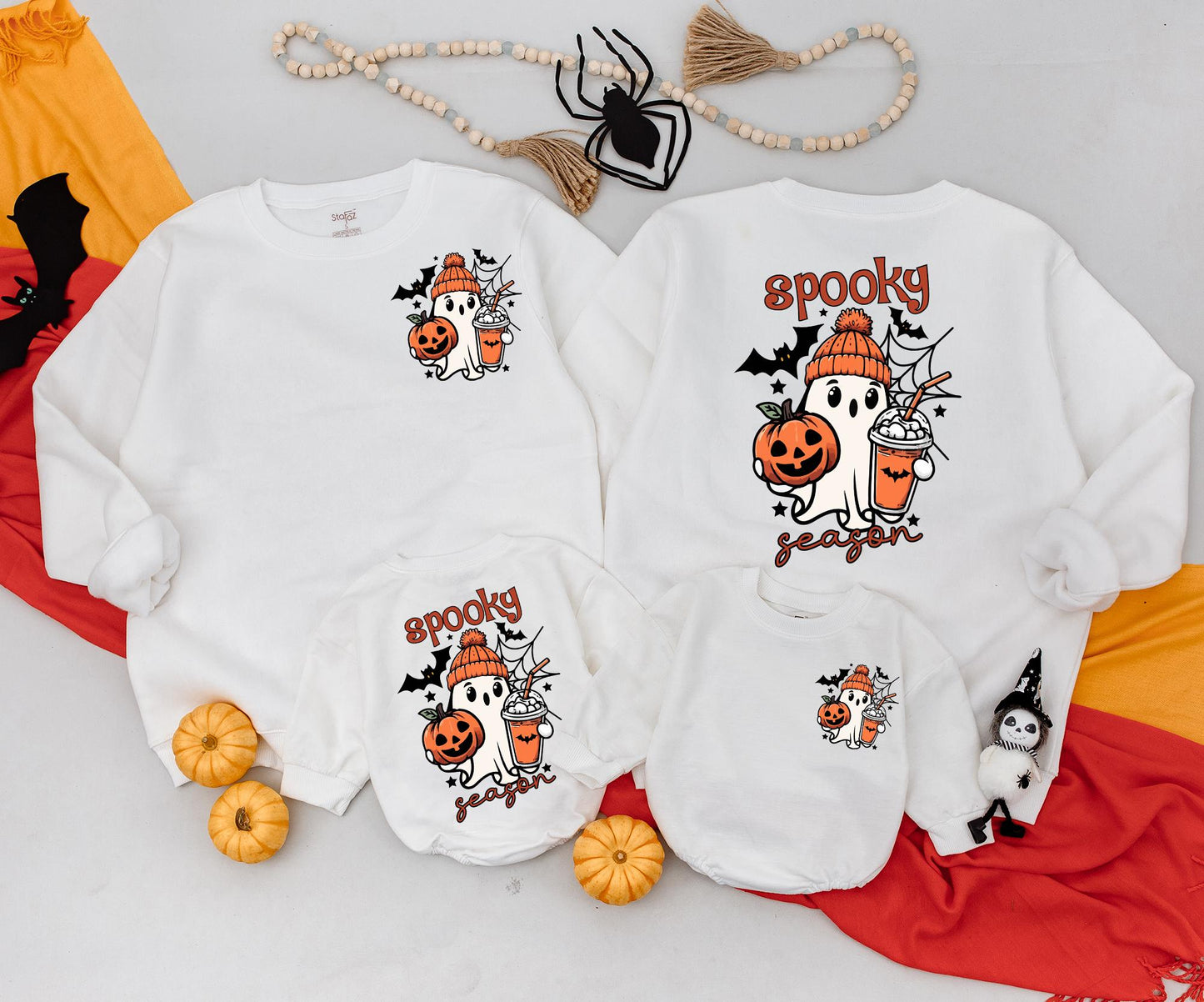 Matching Family Halloween Sweatshirt & Romper Cute Spooky Ghost Design Vintage Cartoon Style Orange Black White Fall Celebration Gift