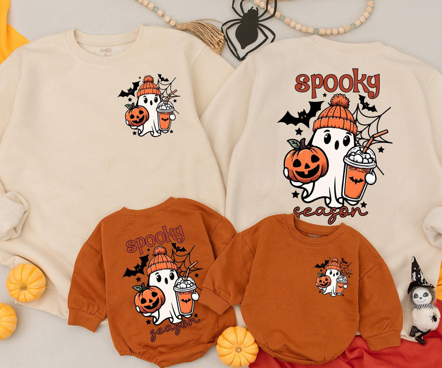 Matching Family Halloween Sweatshirt & Romper Cute Spooky Ghost Design Vintage Cartoon Style Orange Black White Fall Celebration Gift