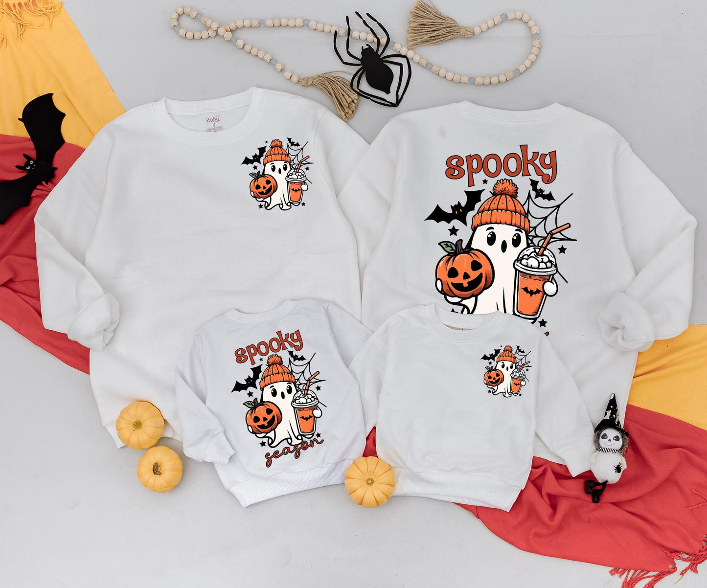 Matching Family Halloween Sweatshirt & Romper Cute Spooky Ghost Design Vintage Cartoon Style Orange Black White Fall Celebration Gift