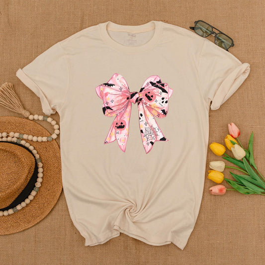 Pink Ghost Bow Tee, Cute Halloween Shirt, Spooky Vibes, Gift for Her