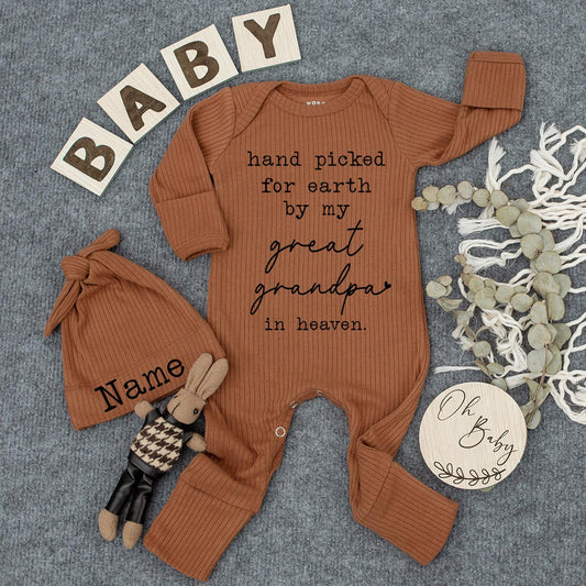 Custom Hand Picked by My Great Grandpa in Heaven Baby Bodysuit Newborn Outfit Set with Personalized Name Hat for Pregnancy Announcement Gender Reveal Baby Shower Gift