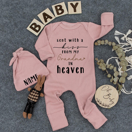Sent With A Kiss From Grandma In Heaven Baby Bodysuit, Newborn Gift, Pregnancy Reveal, Baby Shower, Custom Baby Clothes