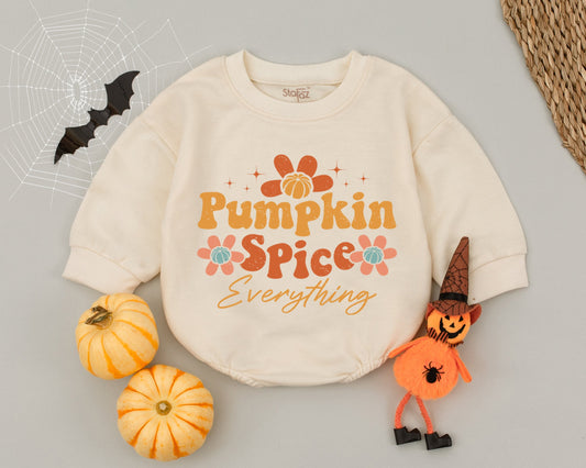 Pumpkin Spice Everything Baby Romper, Retro Fall Outfit, First Halloween Costume, Cute Thanksgiving Bodysuit, Groovy Autumn Clothes for Baby Girl (139 chars)