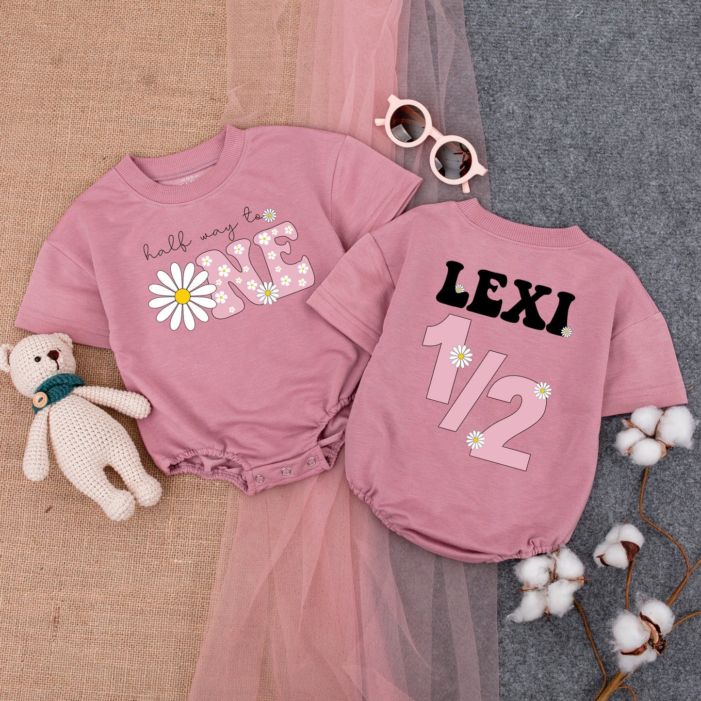 Lexi Half Birthday Outfit: Daisy 'Half Way to ONE' Romper & 1/2 Daisy Bodysuit for Girls, Cute Floral Birthday Clothes