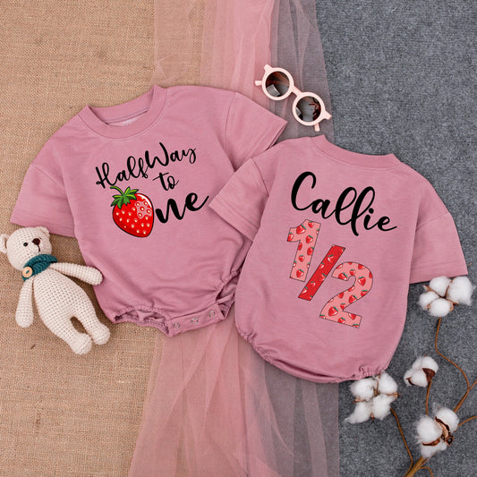 Personalized Strawberry Halfway to One Romper Girl Six Month Birthday Bodysuit Name Outfit Adorable Berry Celebration Gift