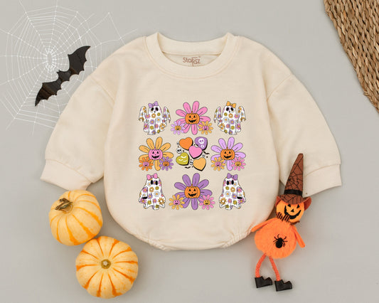 Groovy Ghost Halloween Romper, Little Pumpkin Outfit, Retro Floral Spooky Bodysuit, Cute Fall Baby Girl Clothes, First Halloween Costume 139