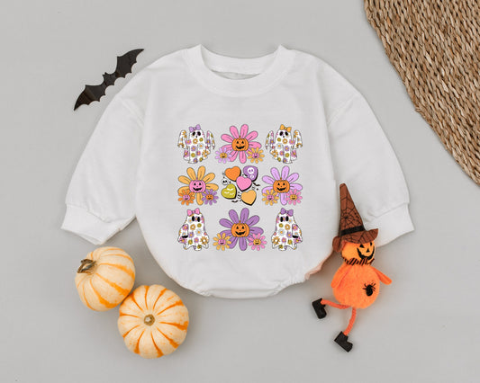 Groovy Ghost Halloween Romper, Little Pumpkin Outfit, Retro Floral Spooky Bodysuit, Cute Fall Baby Girl Clothes, First Halloween Costume 139