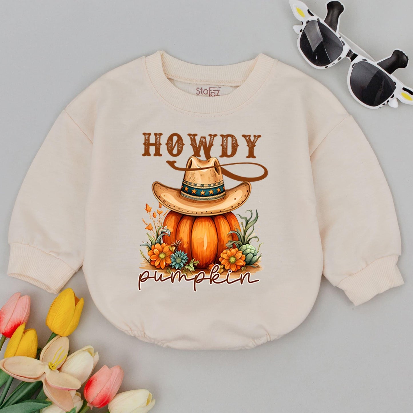 Pumpkin Cowboy Baby Romper: Western Bodysuit for Fall Festivities