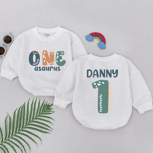 Personalized One-A-Saurus Birthday Romper, Dinosaur 1st Birthday Outfit, Boy Dinosaur Gift