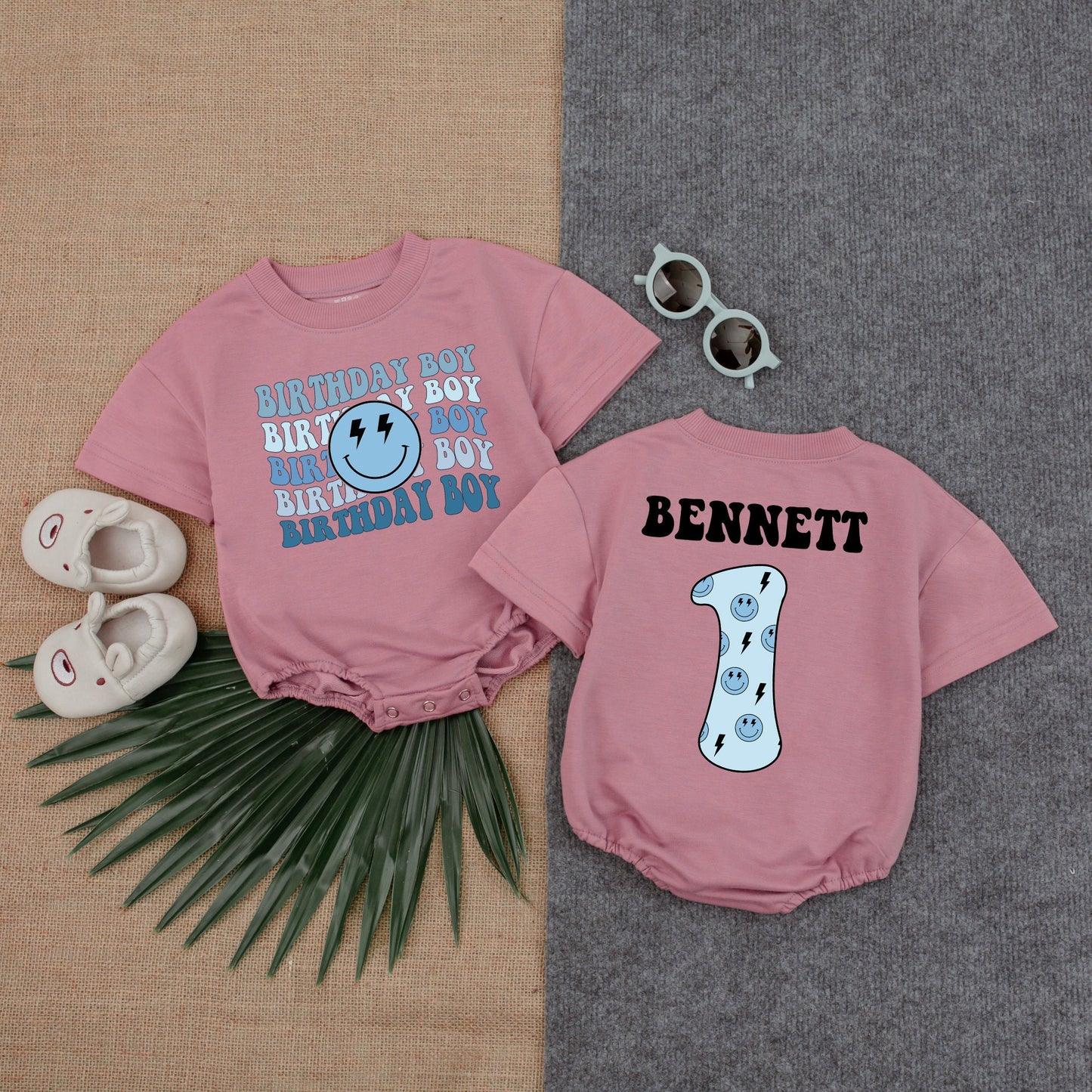 Birthday Boy Blue Smiley Face Romper First Birthday Outfit for Baby Boy with Custom Name Option