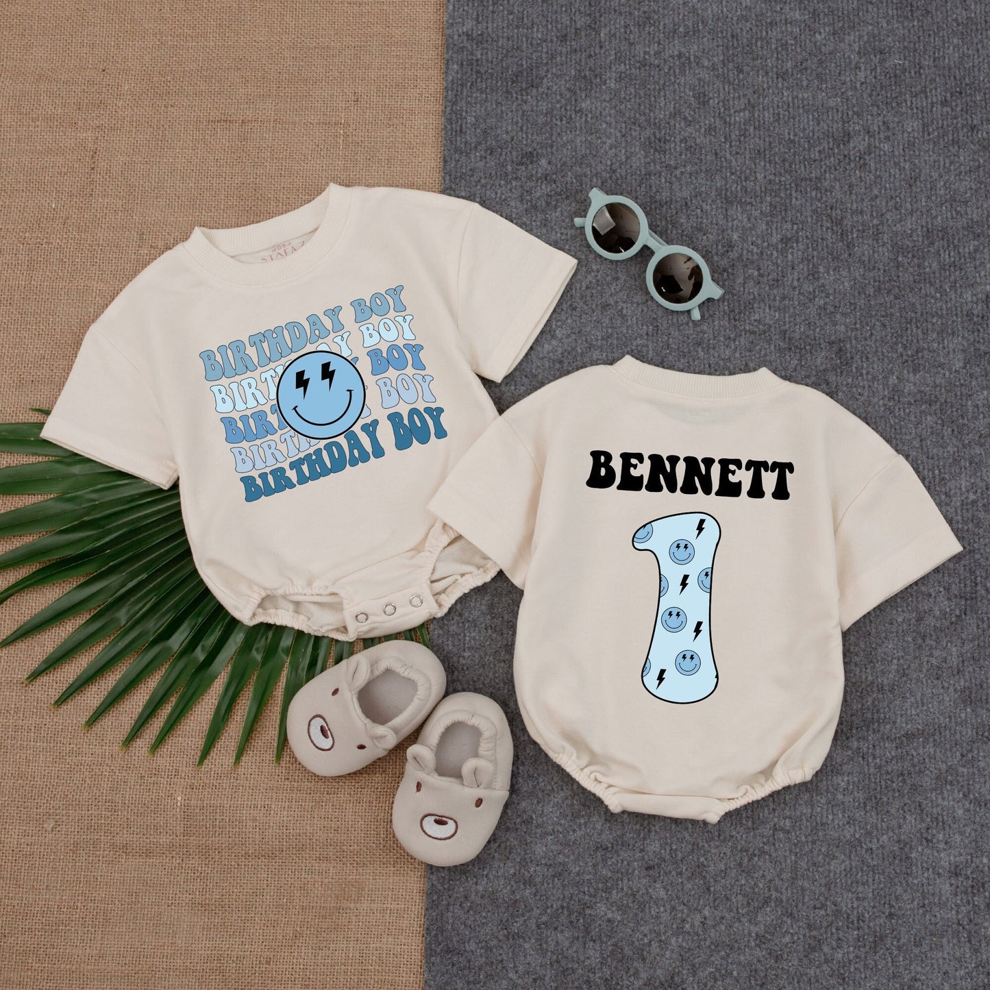 Birthday Boy Blue Smiley Face Romper First Birthday Outfit for Baby Boy with Custom Name Option