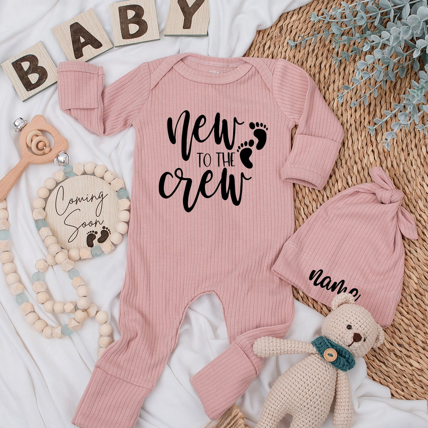 Personalized New to the Crew Baby Bodysuit Set & Hat, Newborn Going Home Outfit, Custom Name, Baby Shower Gift, Newborn Outfit