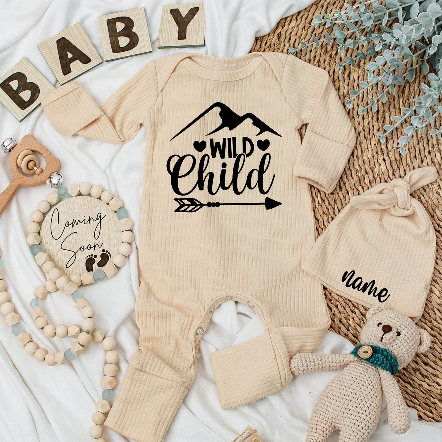 Wild Child Personalized Baby Bodysuit & Hat Set, Mountain Arrow Newborn Clothes, Custom Name Outfit, Coming Home, Baby Boy/Girl Gift Set 134