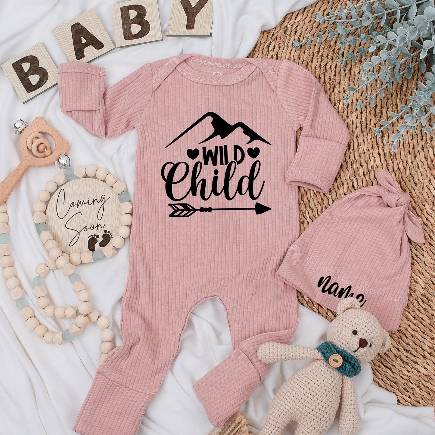 Wild Child Personalized Baby Bodysuit & Hat Set, Mountain Arrow Newborn Clothes, Custom Name Outfit, Coming Home, Baby Boy/Girl Gift Set 134