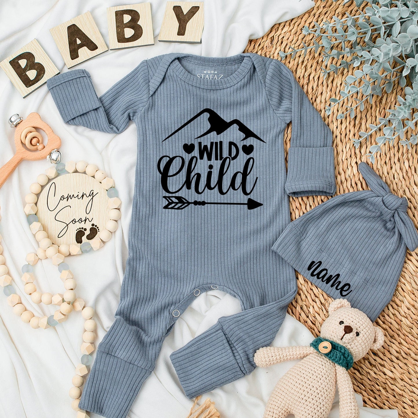 Wild Child Personalized Baby Bodysuit & Hat Set, Mountain Arrow Newborn Clothes, Custom Name Outfit, Coming Home, Baby Boy/Girl Gift Set 134
