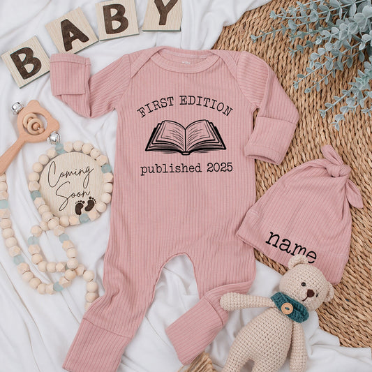 First Edition Baby Bodysuit & Matching Hat Set, Published 2025, Vintage Book Design, Baby Announcement, First Edition Baby Outfit, Bookish Baby Gift