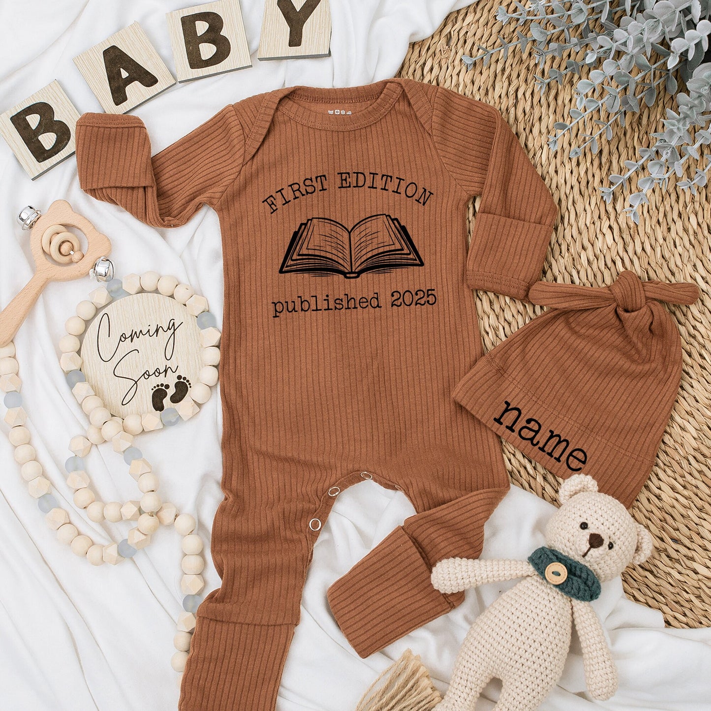 First Edition Baby Bodysuit & Matching Hat Set, Published 2025, Vintage Book Design, Baby Announcement, First Edition Baby Outfit, Bookish Baby Gift