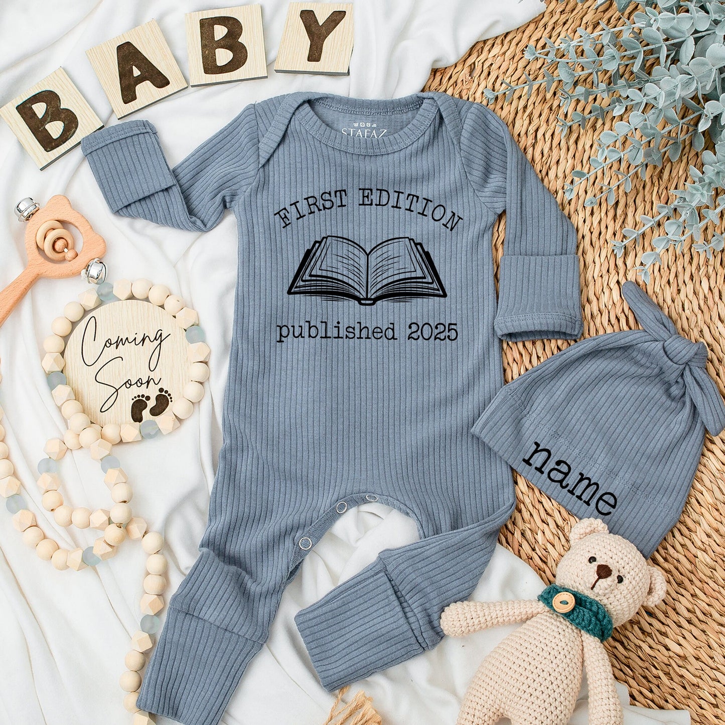 First Edition Baby Bodysuit & Matching Hat Set, Published 2025, Vintage Book Design, Baby Announcement, First Edition Baby Outfit, Bookish Baby Gift
