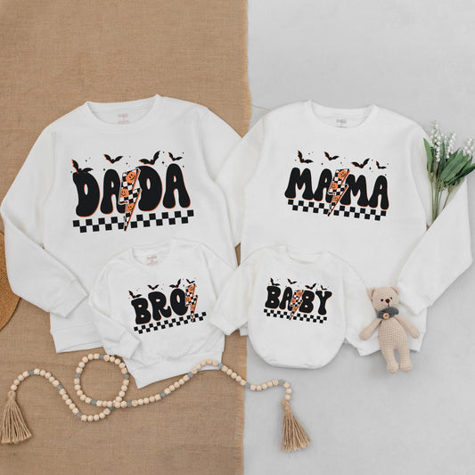 Matching Family Halloween Sweatshirts Bubbly Dada Mama Bro Baby Checkered Pumpkin Lightning Bats Stars Spooky Season Party Wear