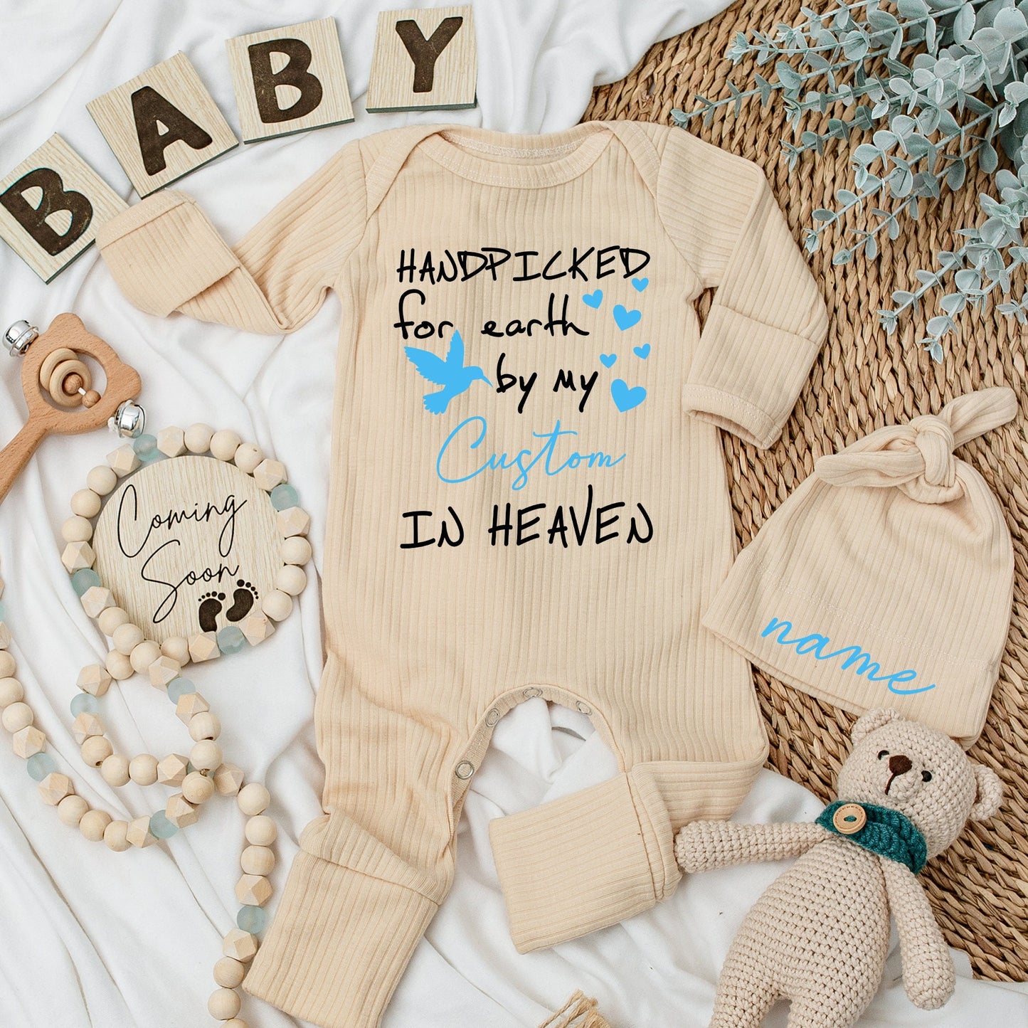 Handpicked for Earth by My Great Grandpa Grandma in Heaven Baby Bodysuit Newborn Pregnancy Announcement Gift Sentimental Blue Hearts