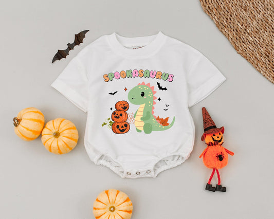 Spookasaurus Romper: Cute Retro Dinosaur Halloween Outfit for Babies