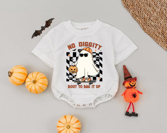Spooky Dude First Halloween Romper: Cool Ghost on Skateboard with Pumpkin Outfit, Funny Retro Boys Girls Costume "NO DIGGITY" Baby Outfit 1st Halloween