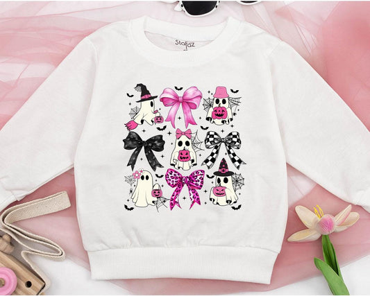 Cute Ghost & Bows Halloween Baby Romper Outfit | First Halloween Toddler Sweatshirt with Pink & Black Accents, Festive Cotton Bubble Romper 138