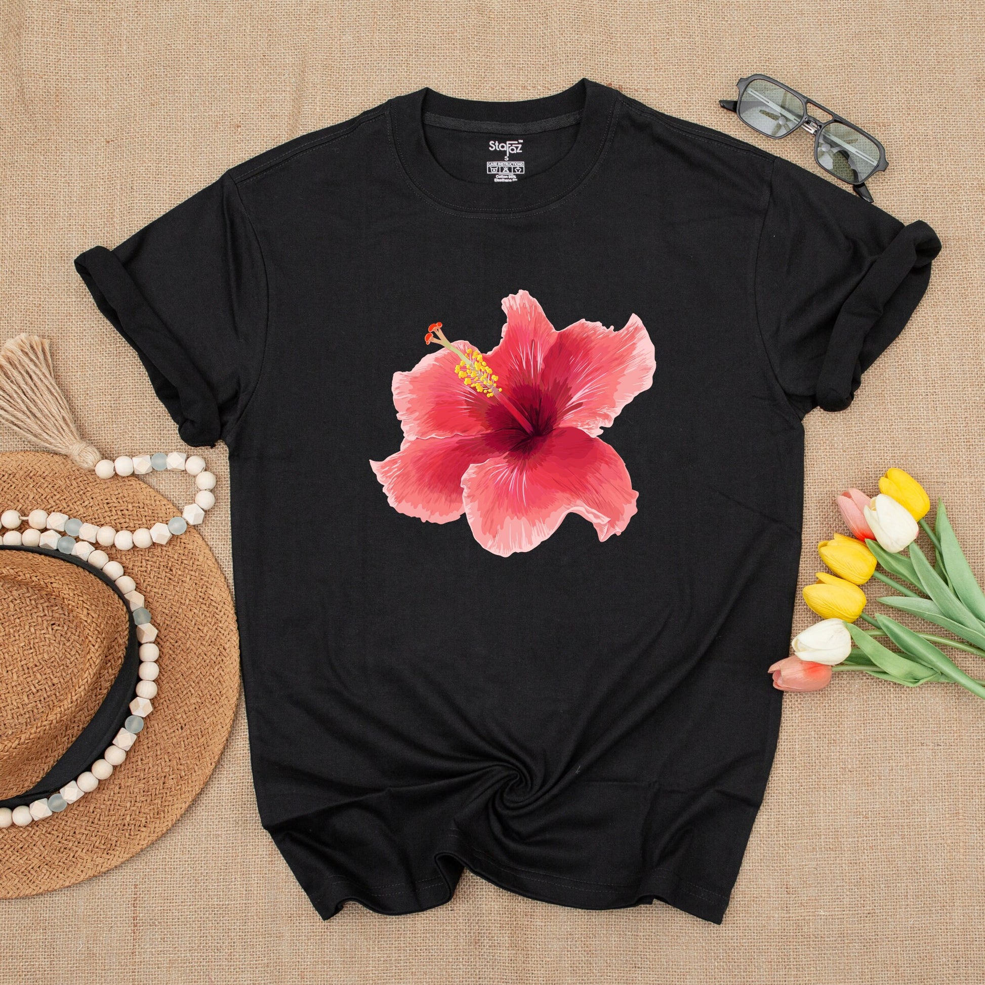 Y2K Pink Hibiscus Graphic Tee, Trendy 90s Unisex Floral Shirt