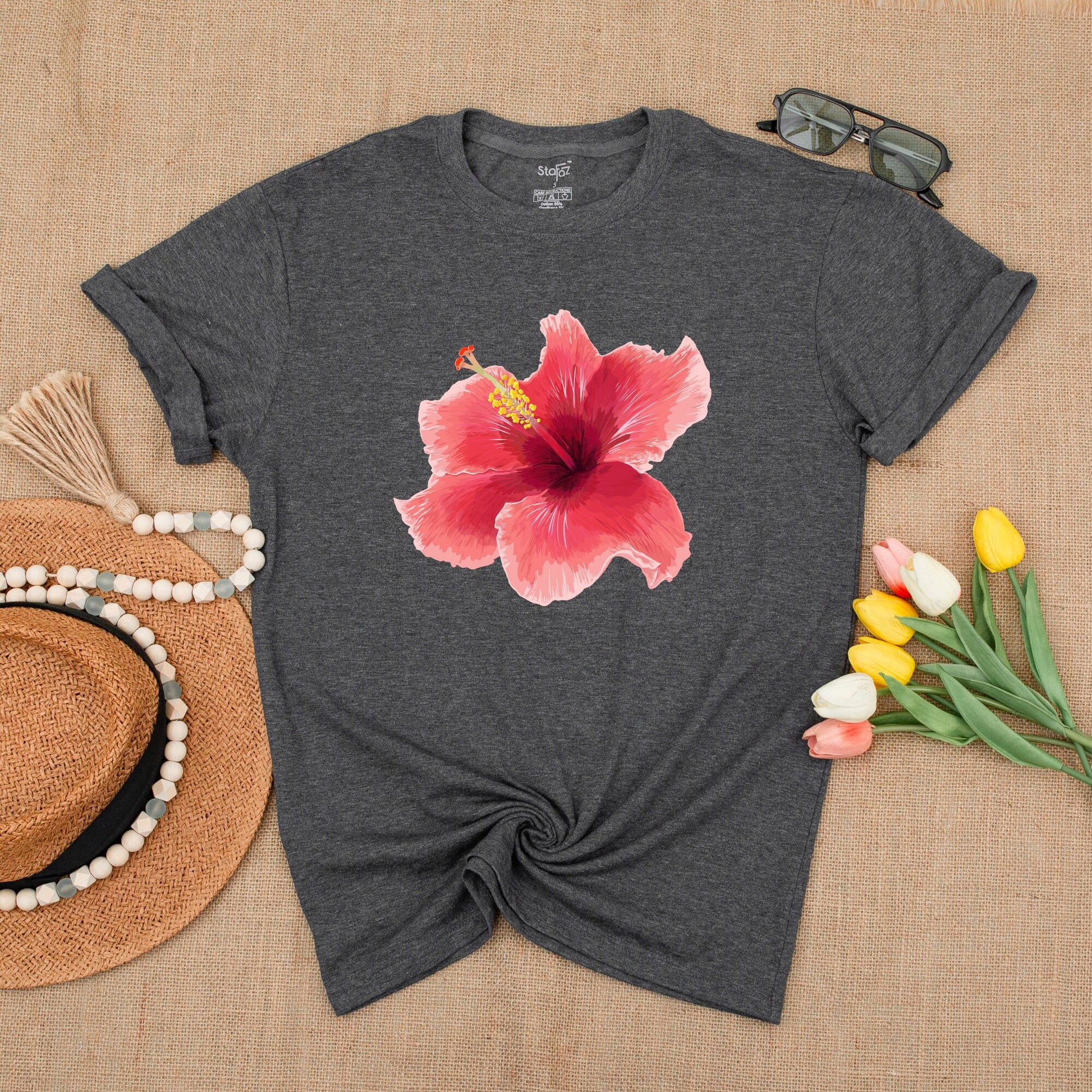 Y2K Pink Hibiscus Graphic Tee, Trendy 90s Unisex Floral Shirt