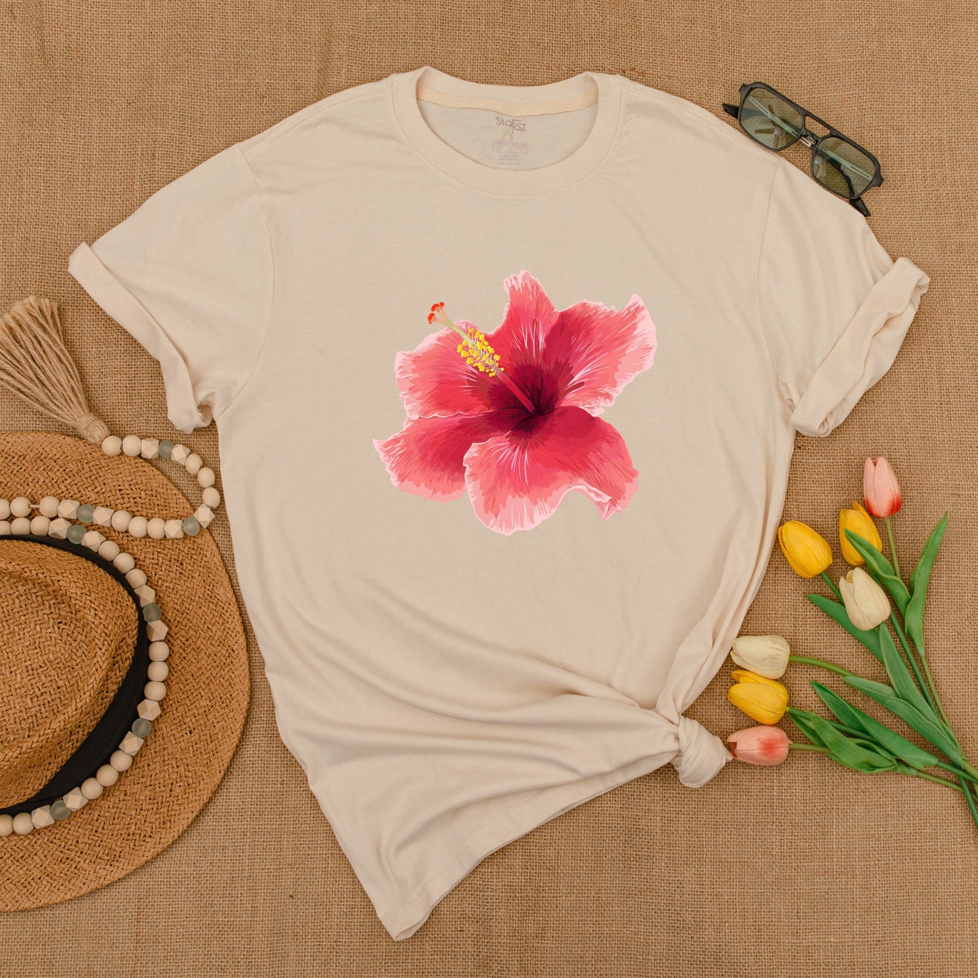 Y2K Pink Hibiscus Graphic Tee, Trendy 90s Unisex Floral Shirt
