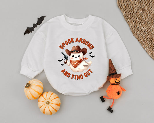 Cowboy Ghost Romper "Spook Around and Find Out" Baby Outfit Cute Western Halloween Costume Toddler Infant First Halloween Gift