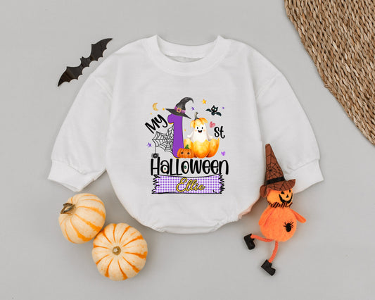 Personalized Ellie My First Halloween Baby Romper Cute Ghost Pumpkin Moon Stars Checkered Banner Whimsical Spooky Girl Outfit First Birthday