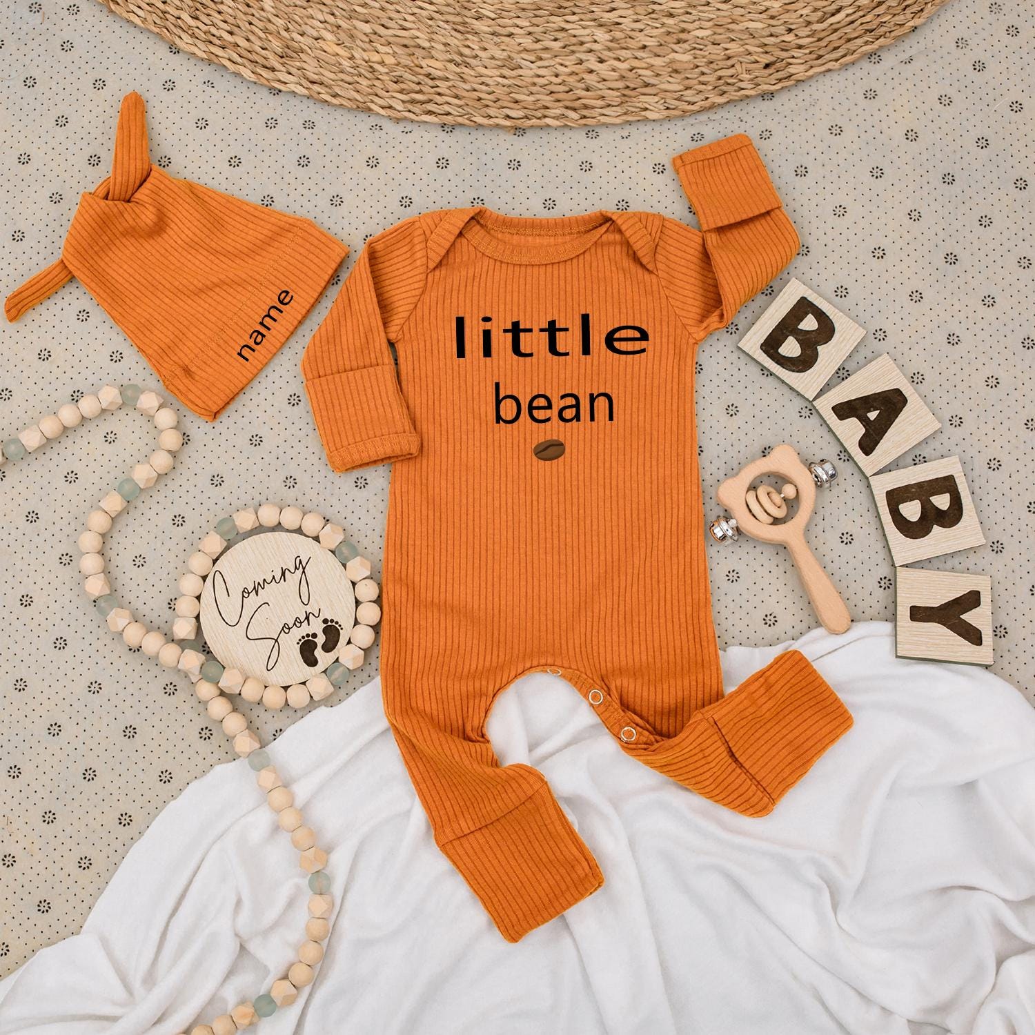 Little Bean Coffee Bodysuit and Hat Set Personalized Name Baby Gift Unisex Newborn Going Home Outfit Modern Minimalist