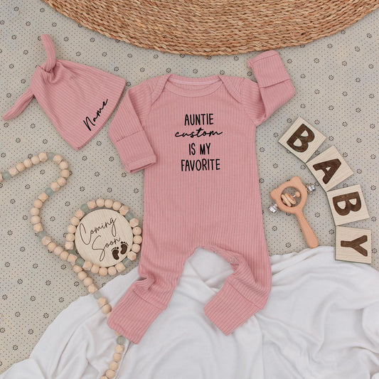Auntie Is My Favorite Custom Baby Bodysuit & Hat Set - Personalized Name Newborn Gift - Baby Shower Present