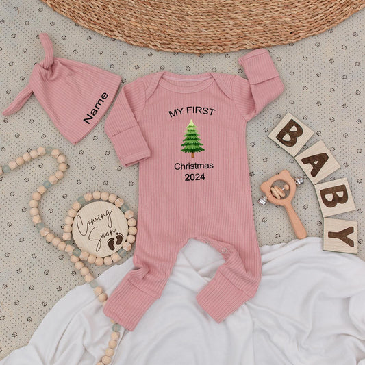 My First Christmas Baby Bodysuit & Hat Set Cute Green Tree Personalized Name Newborn 1st Xmas Outfit Unisex Gift 2024