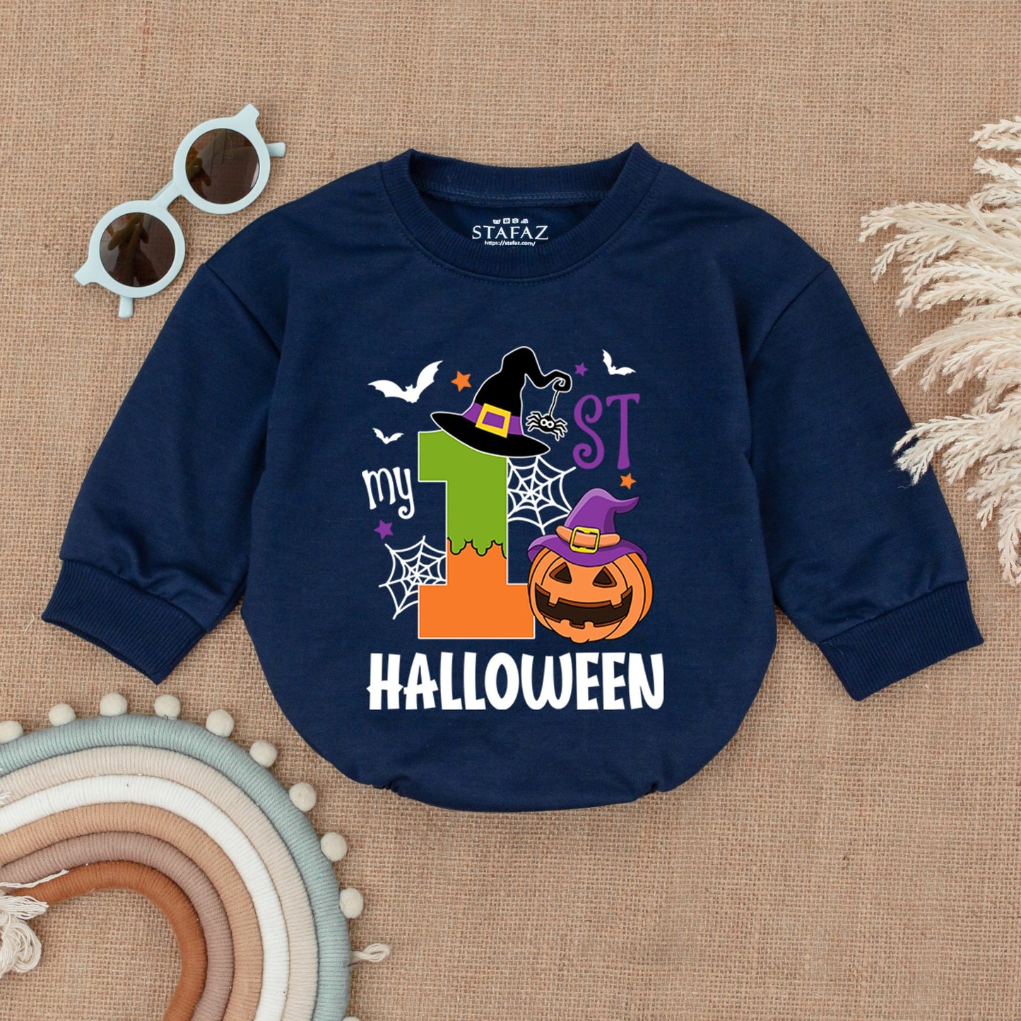 My 1st Halloween Romper Baby Girl Outfit Pumpkin Witch Bodysuit Cartoon Spiderwebs Bats Stars First Halloween Costume Newborn Shower Gift Cute 1 Orange Green