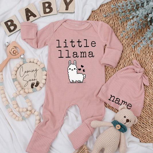 Personalized Little Llama Bodysuit & Hat Set - Custom Name Baby Outfit, New Arrival Gift, Soft Cotton Going Home Outfit, Unisex Keepsake 138 chars