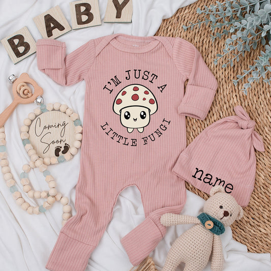 Just A Little Fungi Bodysuit & Hat Set - Funny Mushroom Outfit, New Baby Gift, Going Home Outfit, Personalized Name, Cute Unisex Newborn Clothes