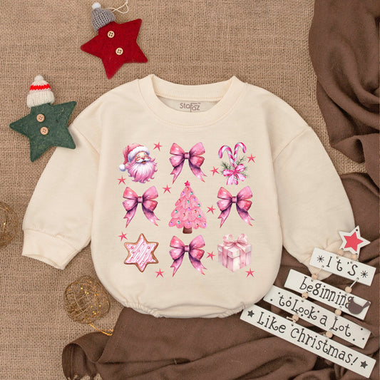 First Christmas Pink Coquette Santa Romper – Baby Holiday Outfit