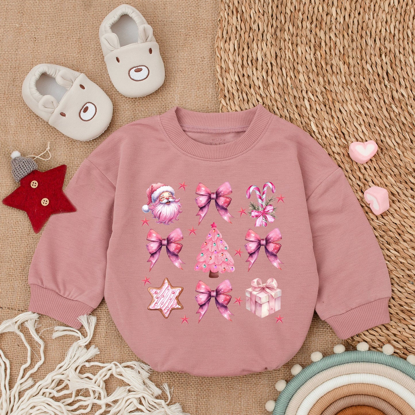First Christmas Pink Coquette Santa Romper – Baby Holiday Outfit