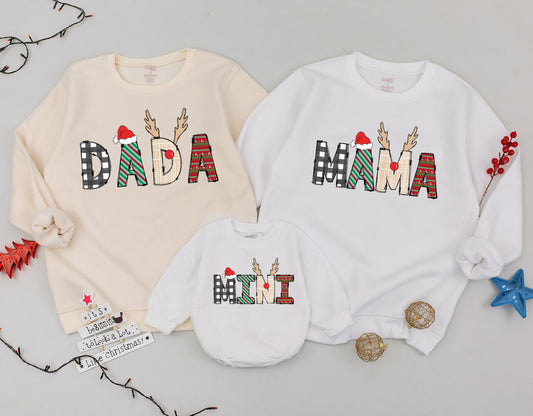 Dada Mama Mini Matching Family Christmas Sweatshirts Festive Plaid Fair Isle Santa Hats & Reindeer Antlers Whimsical Holiday Outfits
