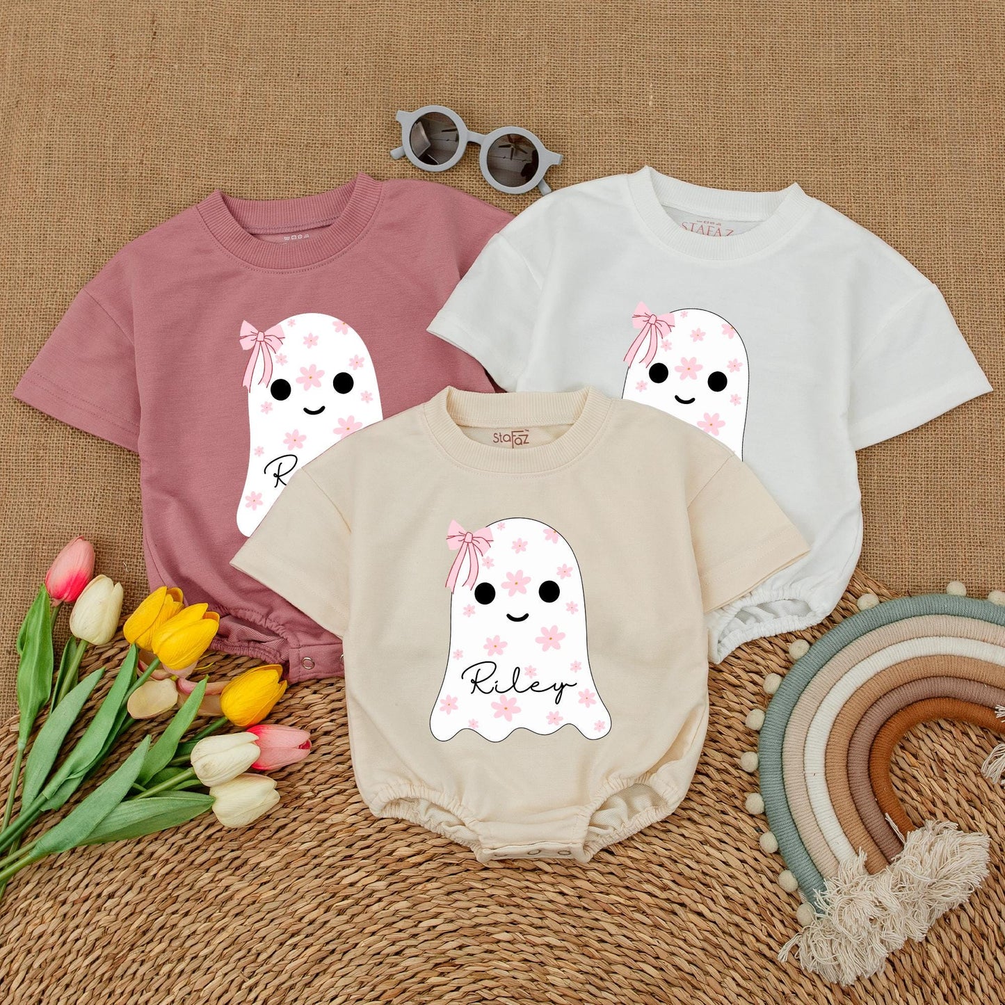 Custom Name Cute Ghost Baby Romper with Pink Bow Floral Halloween Bodysuit Whimsical Infant Fall Bubble Outfit Shower Gift