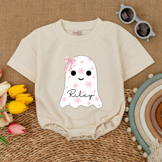 Custom Name Cute Ghost Baby Romper with Pink Bow Floral Halloween Bodysuit Whimsical Infant Fall Bubble Outfit Shower Gift