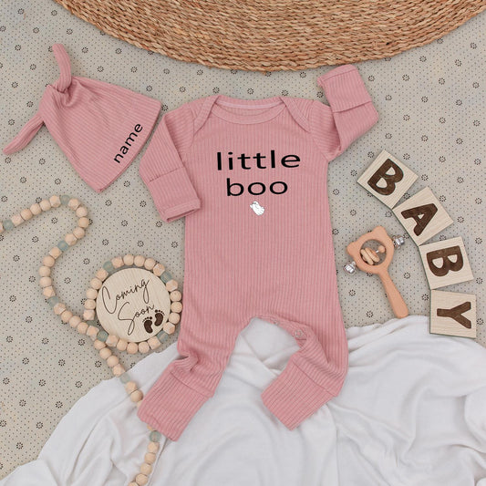 Little Boo Ghost Halloween Baby Bodysuit and Hat Set Custom Name Cotton Bubble Romper Playful Fall Outfit Perfect Shower Gift