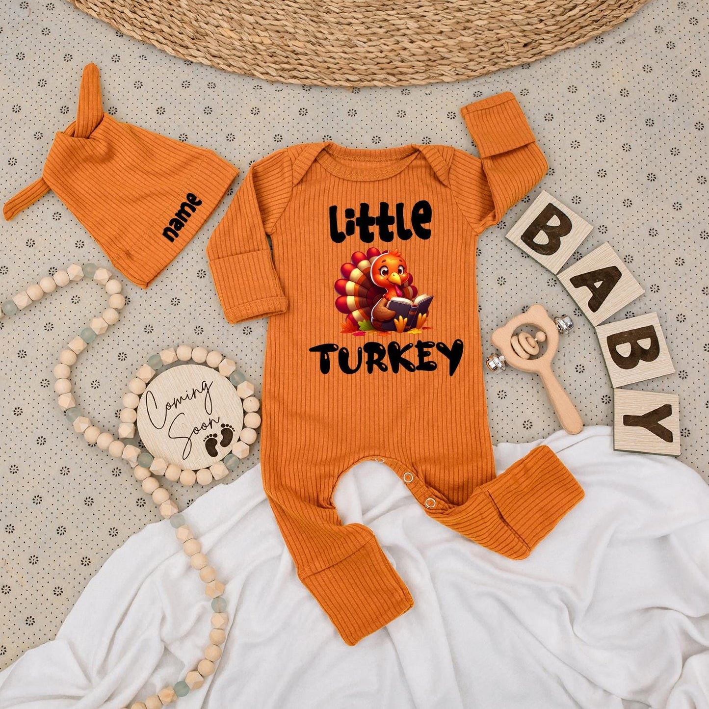 Little Turkey Thanksgiving Bodysuit Set: My First Thanksgiving Outfit with Cartoon Turkey Reading a Book, Autumn Gender Reveal, Fall Baby Shower Clothes, Pumpkin 139
