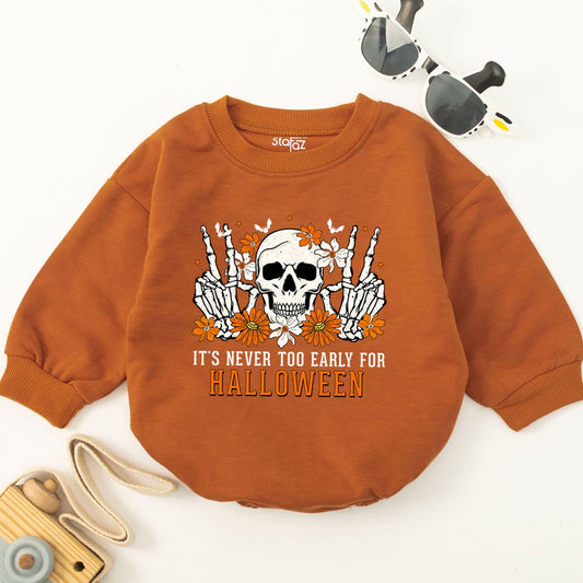 Cute Halloween Baby Romper Skeleton Peace Sign Flowers "It's Never Too Early For Halloween" Orange White Infant Bodysuit First Halloween Outfit