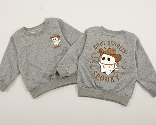 Personalized Boot Scootin' Spooky Sweatshirt Cute Cowboy Ghost Halloween Toddler Baby Western Outfit Gift