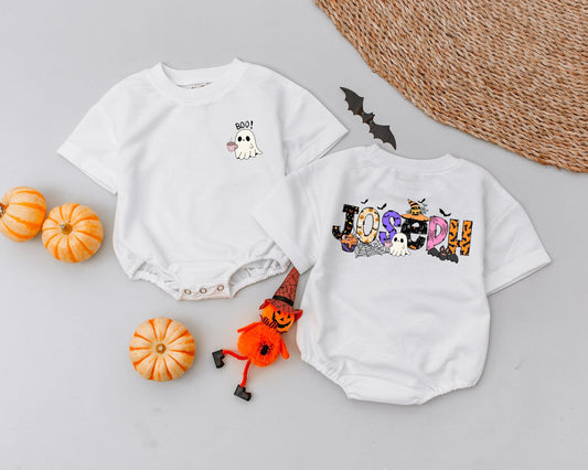 Personalized Name Halloween Baby Romper with Whimsical Spooky Letters & Cute Ghost BOO Graphic My First Halloween Newborn Infant Costume Outfit Fall Gift