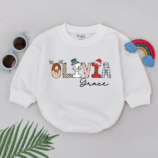 Personalized "OLIVIA Grace" Christmas Baby Romper Reindeer Snowman Santa Hat Plaid Outfit Newborn Girl Holiday Gift